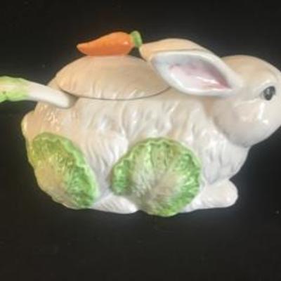 Rabbit Soup Tureen Ladle & White Pink Covered Dish Tray