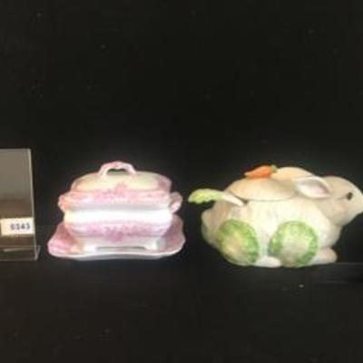 Rabbit Soup Tureen Ladle & White Pink Covered Dish Tray