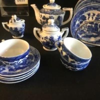 Antique Occupid Japan Childs Tea Set Blue White China 14pc