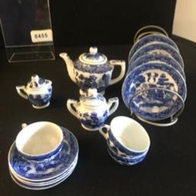 Antique Occupid Japan Childs Tea Set Blue White China 14pc