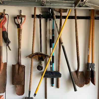 Tool Rack with Shovels Lot