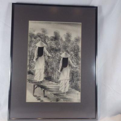 Original Asian Art - Two Girls Crossing a Bridge