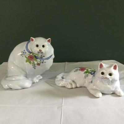 F-104 (2) Large N.S. Gustin Hand Decorated Ceramic Cats with Glass Eyes