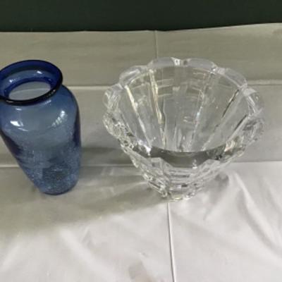 F-111 (2) Vases Hand Blown Blue Glass Crackle & Orrefors Crystal