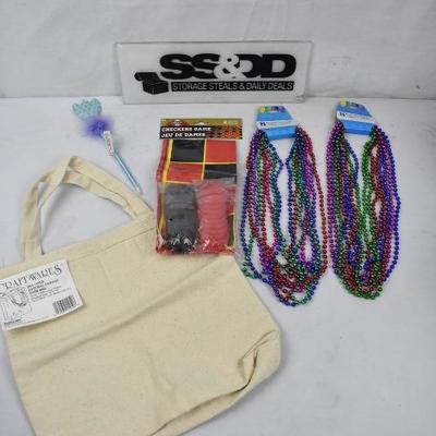 Kids Toys in Tan Tote Bag: Beaded Necklaces, Checkers Game, Flower Pen - New