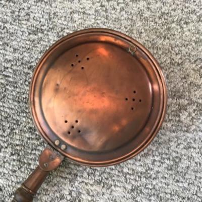 F-115 Antique Copper Chestnut Roaster / Bed Warmer with Long Wood Handle