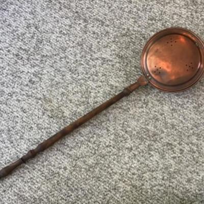 F-115 Antique Copper Chestnut Roaster / Bed Warmer with Long Wood Handle