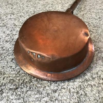 F-115 Antique Copper Chestnut Roaster / Bed Warmer with Long Wood Handle