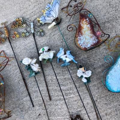 Garden Art Lot #6 garden stakes cats butterflies birds flowers, 11 pc lot