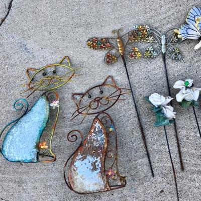 Garden Art Lot #6 garden stakes cats butterflies birds flowers, 11 pc lot