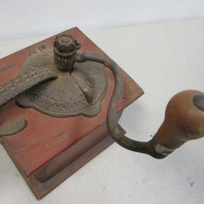 Lot 12- Cast Iron Oil Lamp Wall Sconce - Wooden Butter Mold- Coffee Grinder