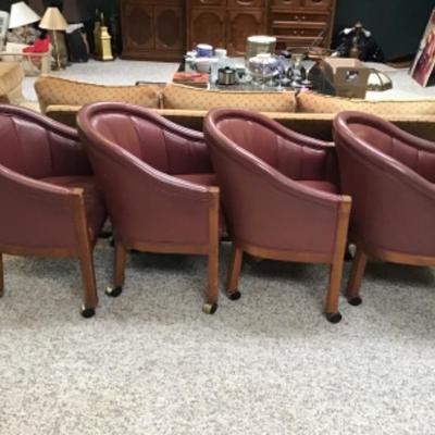 F-166 Mid-Century Leather Barrel Back Chairs on Wheels