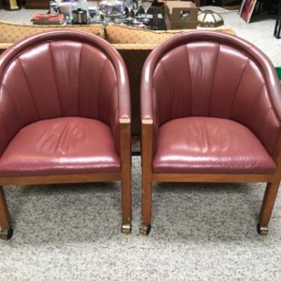 F-166 Mid-Century Leather Barrel Back Chairs on Wheels