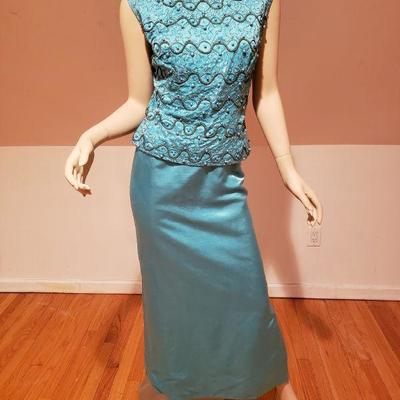 Couture Embellished silk shantung Aqua Cocktail Gown