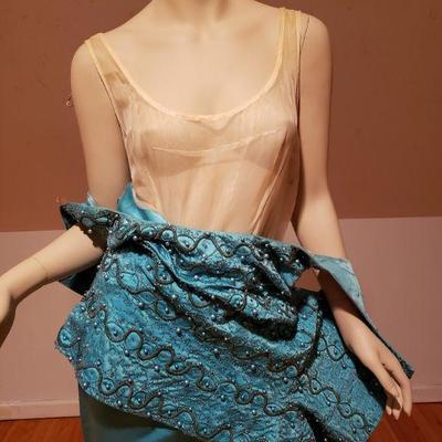 Couture Embellished silk shantung Aqua Cocktail Gown