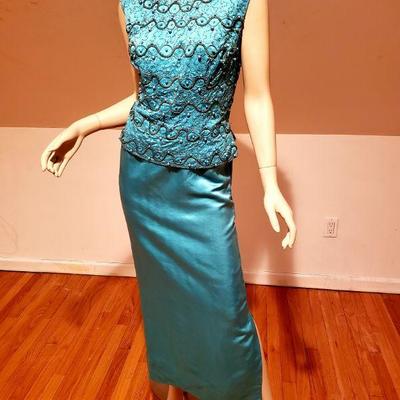 Couture Embellished silk shantung Aqua Cocktail Gown