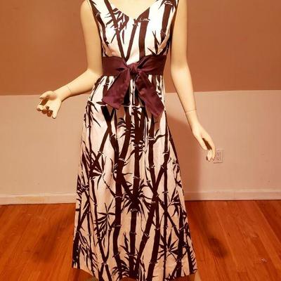 Vtg Ruth Clarage Hand Printed Bamboo 1960 original maxi dress w/ bow 