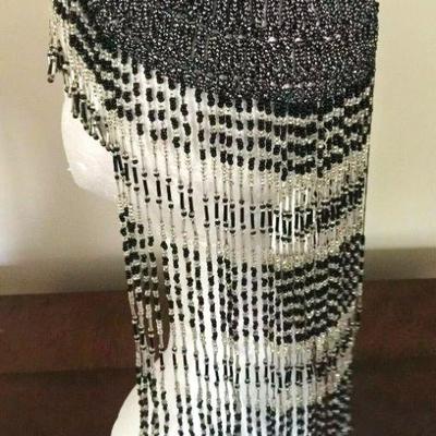 Gatsby Glass beaded Flapper Head Cap all fringes black/silver