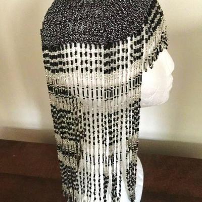 Gatsby Glass beaded Flapper Head Cap all fringes black/silver