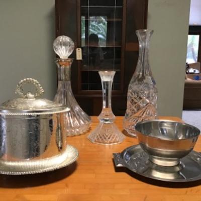 K-106 Nice Lot of Vintage Decanters, Candlestick Holder and Candy/Nut Bowls