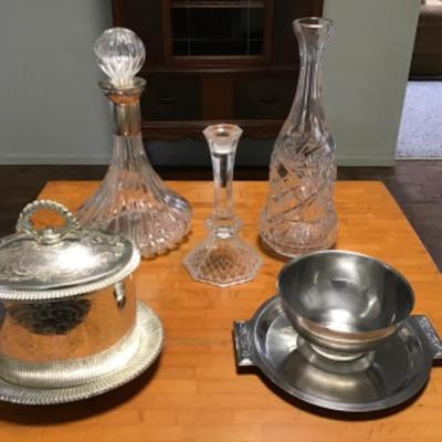 K-106 Nice Lot of Vintage Decanters, Candlestick Holder and Candy/Nut Bowls