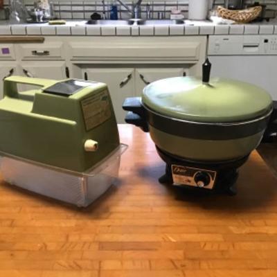 K-111 Mid-Century Olive Green Kitchen Appliances Ice Crusher & Oster Super Pan 