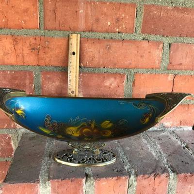 Brass blue enamel wheelbarrow bowl made in Israel, floral pattern