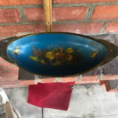 Brass blue enamel wheelbarrow bowl made in Israel, floral pattern
