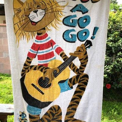 60's Boss A Go Go Mid Century Beatnik Cat Playing Guitar Beach Towel