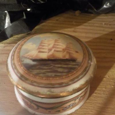 Ceramic Trinket box/ sailing boat painted design.