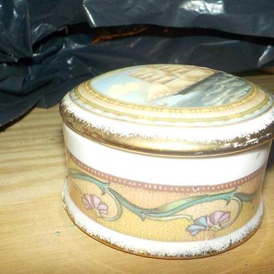 Ceramic Trinket box/ sailing boat painted design.