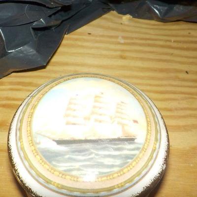 Ceramic Trinket box/ sailing boat painted design.