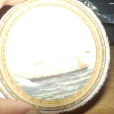 Ceramic Trinket box/ sailing boat painted design.