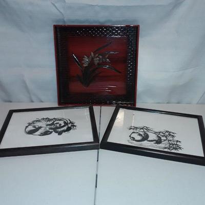 Toyo Lacquer tray and two panda prints