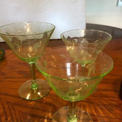 Three Vaseline glass wine glasses