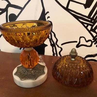 Vintage amber candy dish on marble and pewter base