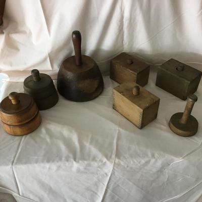 G-121  lot of  antique butter presses and wooden chisel mallet 