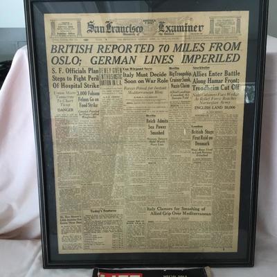 G-125 Framed WW2 newspaper and life off the moon magazine