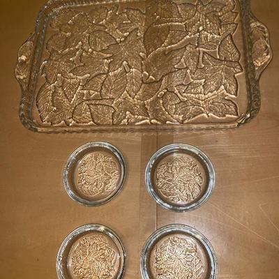 5 Piece Set of Etched Glassware Tray And 4 Dishes