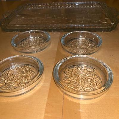 5 Piece Set of Etched Glassware Tray And 4 Dishes