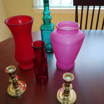 Lot colorful vases and candle holders