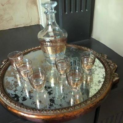 Beverage Tray, Decanter & Shot Glasses