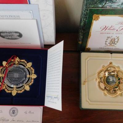 Set of Four White House Historical Association and Presidential Seal Christmas Ornaments with Boxes and COA's