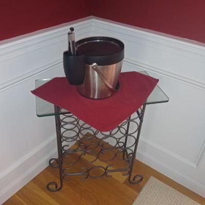 Wine rack with glass top; Ice bucket/tongs