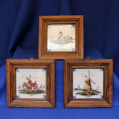 Lot 33: 3 framed Dutch tiles with Windmills 4"x 4" framed to 6"x 6" $25
