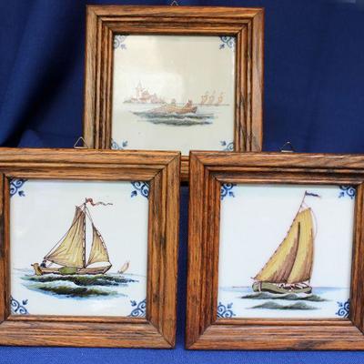 Lot 34: 3 Framed Dutch Tiles of Ships/ Boats 5" x 5" framed to 7" x 7"  $35