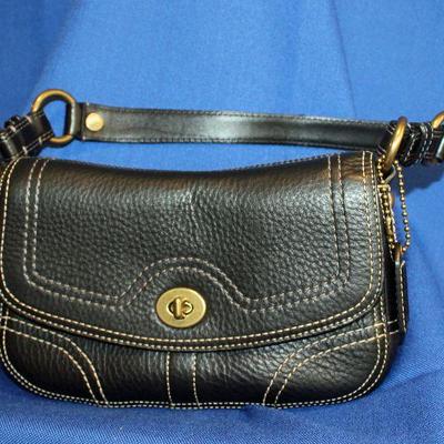 Lot 63: Black Textured Leather Coach Bag With Beige Stitching $30