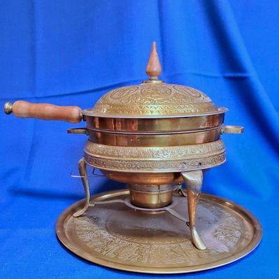 Lot 86 Large Vintage Mideastern Embossed Chafing Dish with Stand, Under Tray and Warmer $85

