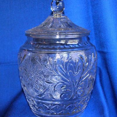 Lot 124: Pressed Glass Biscuit Jar   $20