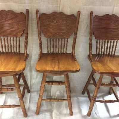 Set of Three Solid Oak Pressback Swivel Counter stools 